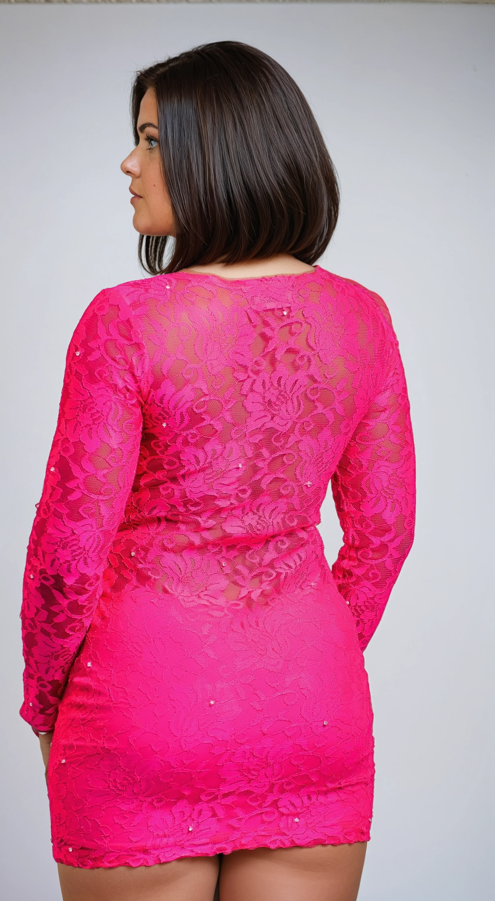 Hot Pink Lace Bodycon Mini Dress, Long Sleeve, V-Neck, Sequin Detail