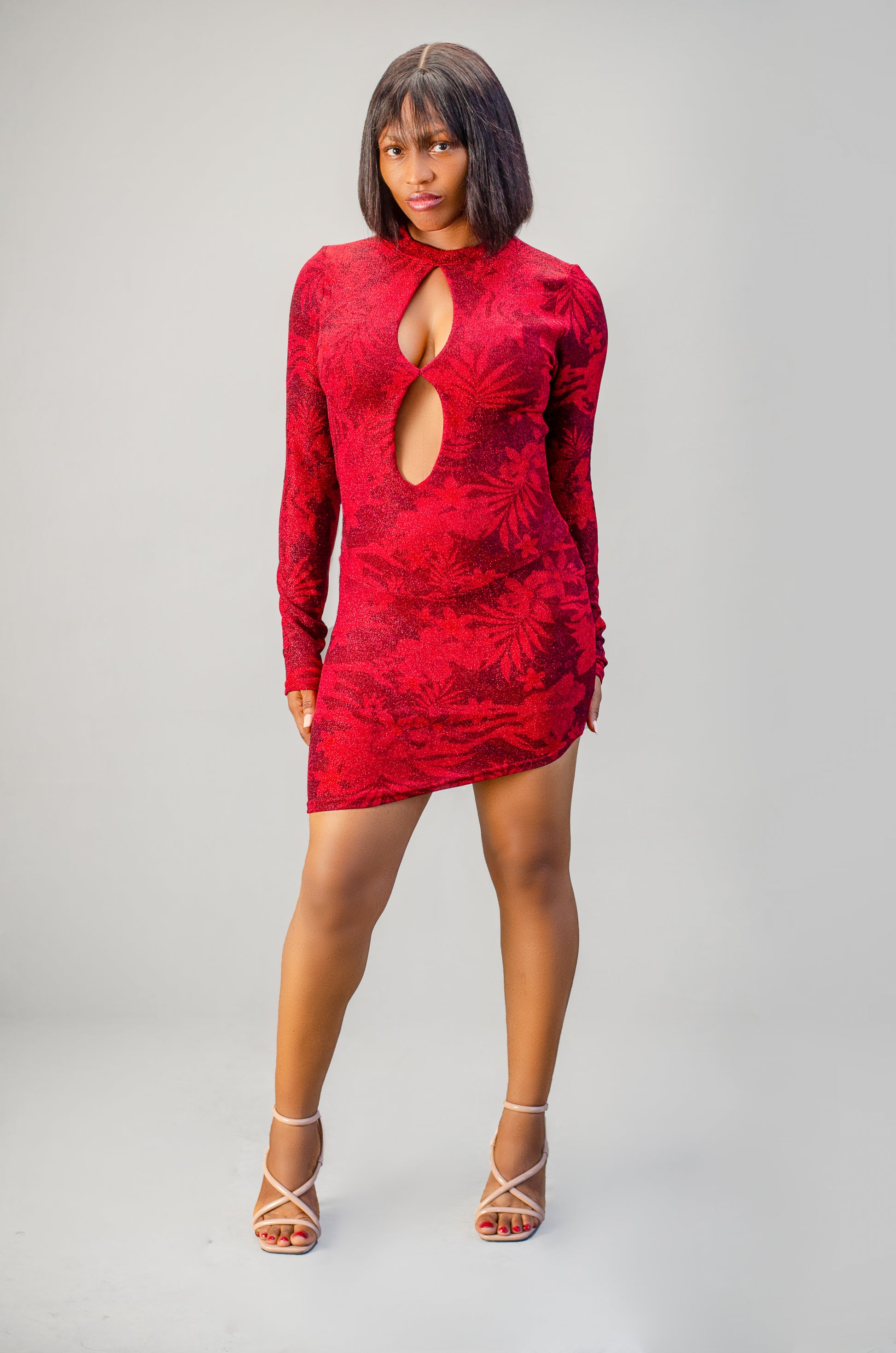 Long Sleeve Bodycon Mini Dress, Red Floral Pattern, Cutout Design, Party Cocktail Evening Wear