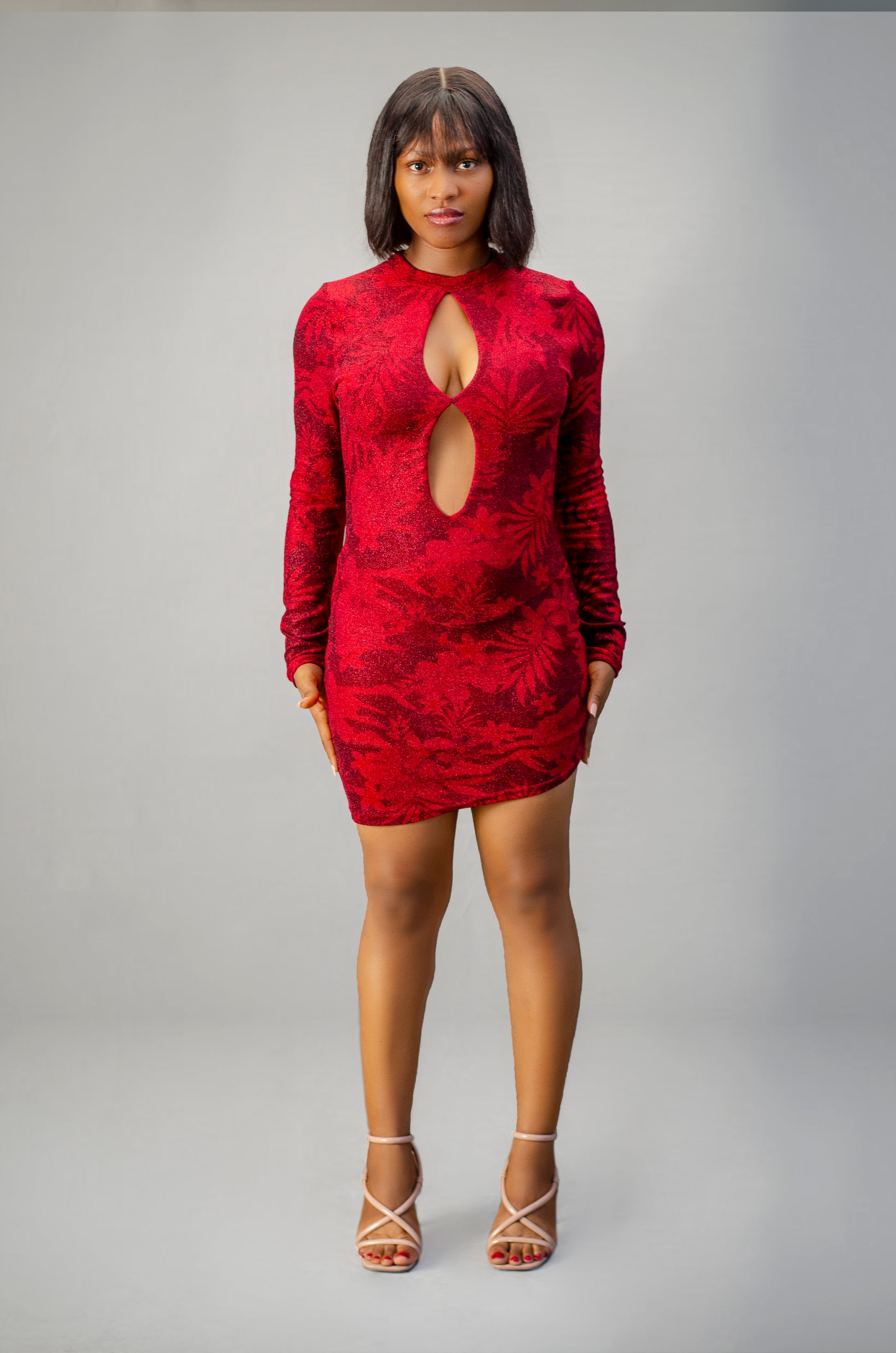 Long Sleeve Bodycon Mini Dress, Red Floral Pattern, Cutout Design, Party Cocktail Evening Wear