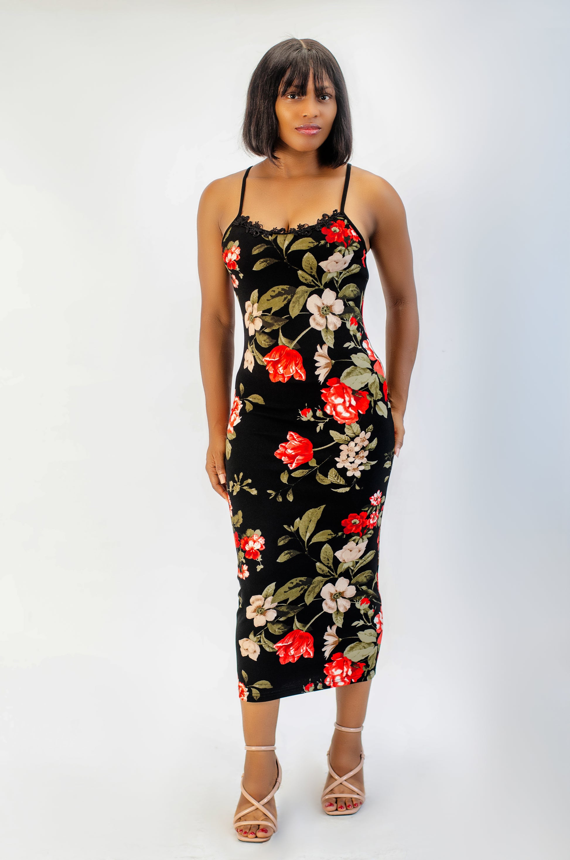 Floral Print Bodycon Midi Dress, Spaghetti Strap, Black with Red Roses