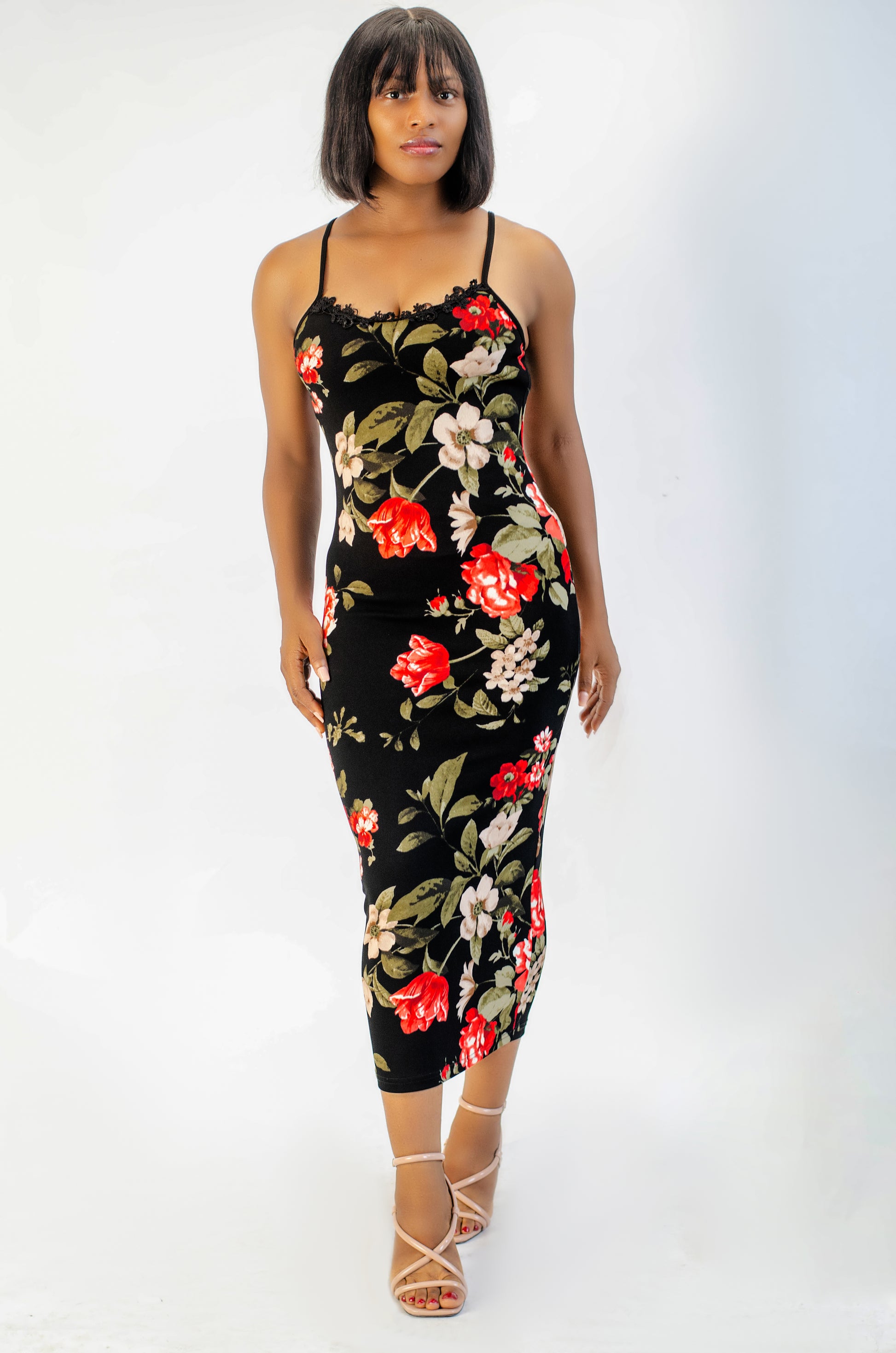 Floral Print Bodycon Midi Dress, Spaghetti Strap, Black with Red Roses