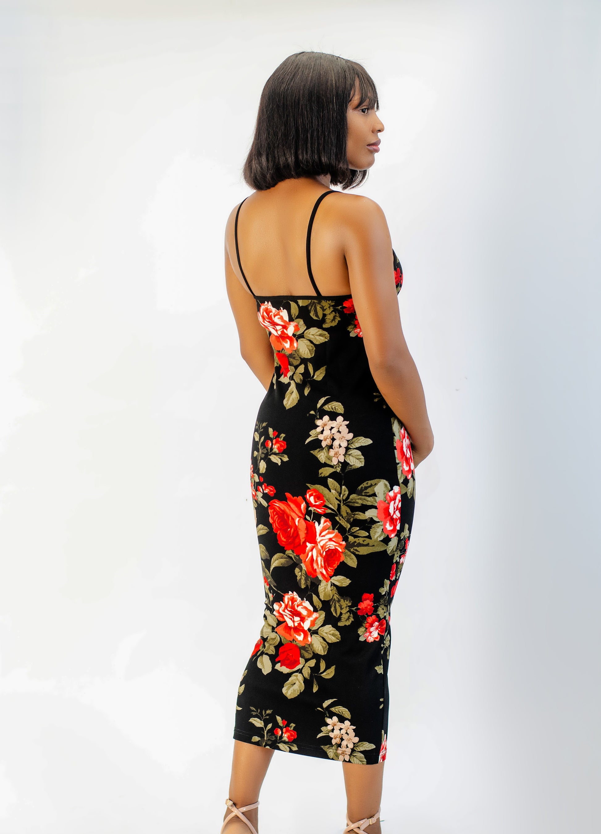 Floral Print Bodycon Midi Dress, Spaghetti Strap, Black with Red Roses