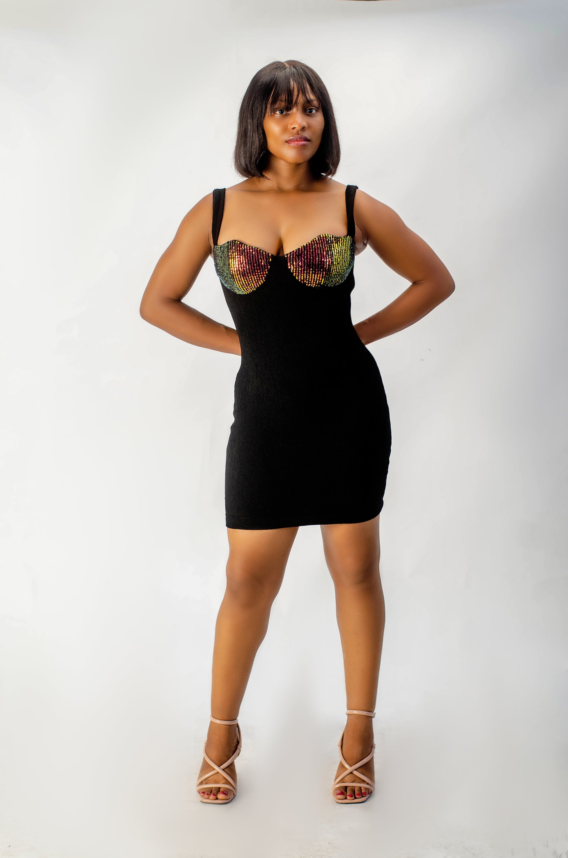 Bodycon Mini Dress with Sequin Bustier, Black, Sleeveless