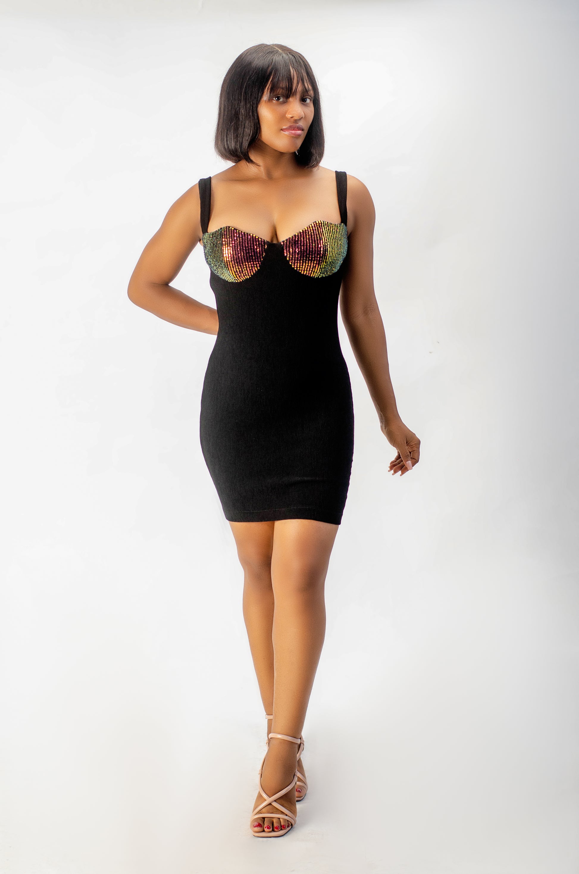 Bodycon Mini Dress with Sequin Bustier, Black, Sleeveless