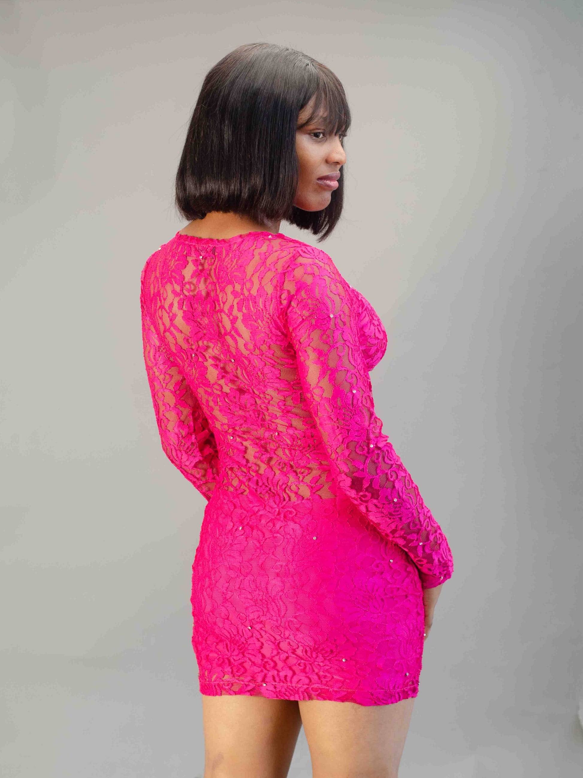 Hot Pink Lace Bodycon Mini Dress, Long Sleeve, V-Neck, Sequin Detail