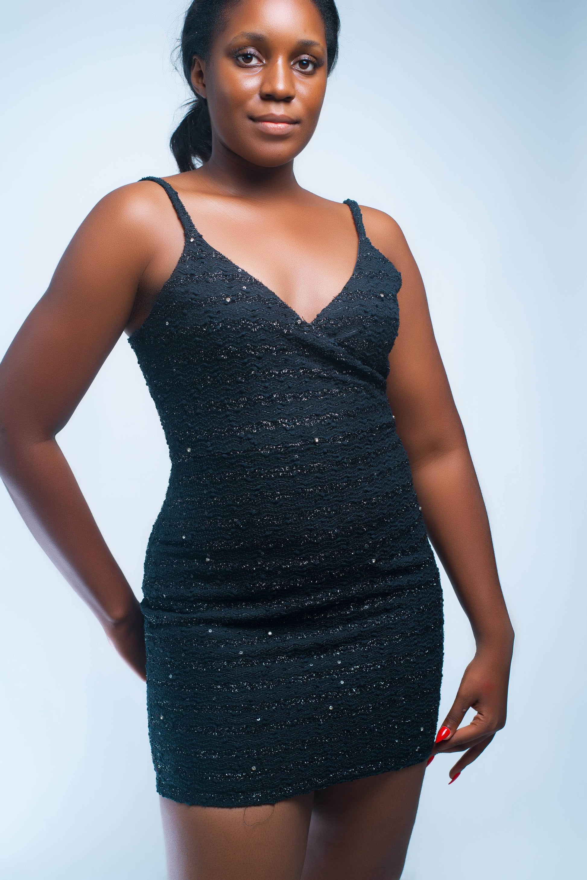 Glitter Mini Dress, Black Sparkle Bodycon, Spaghetti Strap V-Neck, Party Cocktail Dress