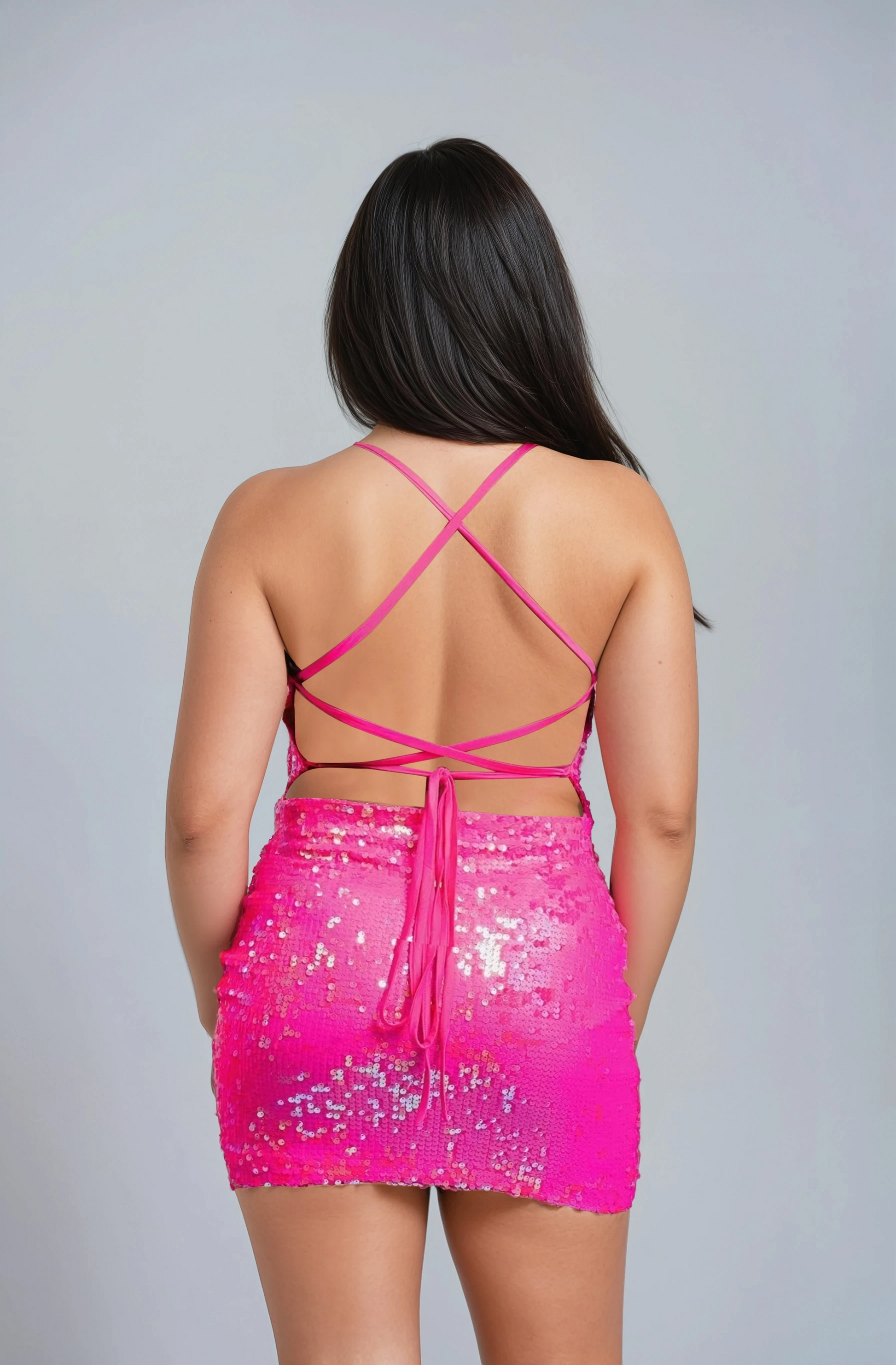 Hot Pink Sequin Mini Dress, Spaghetti Strap, Criss-Cross Back Design, Party Cocktail Dress