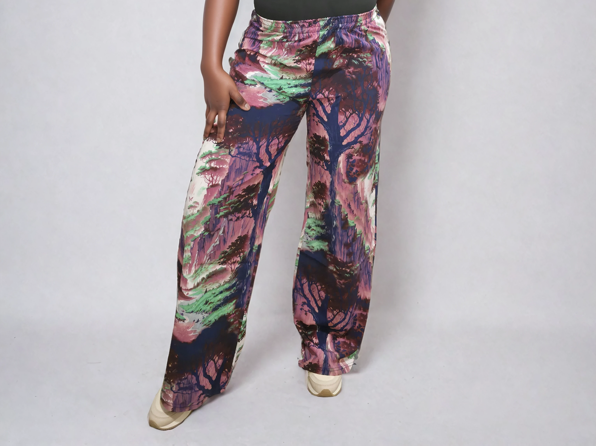 Abstract Nature Print Lounge Pants, Purple Navy Green Pattern, Elastic Waist