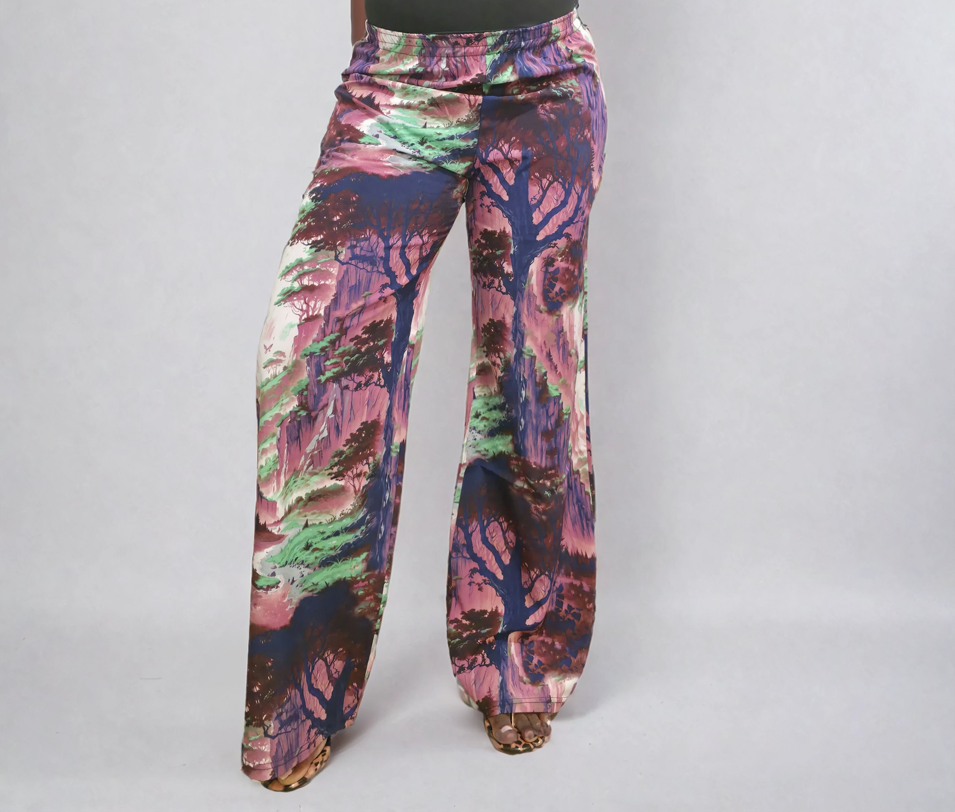 Abstract Nature Print Lounge Pants, Purple Navy Green Pattern, Elastic Waist