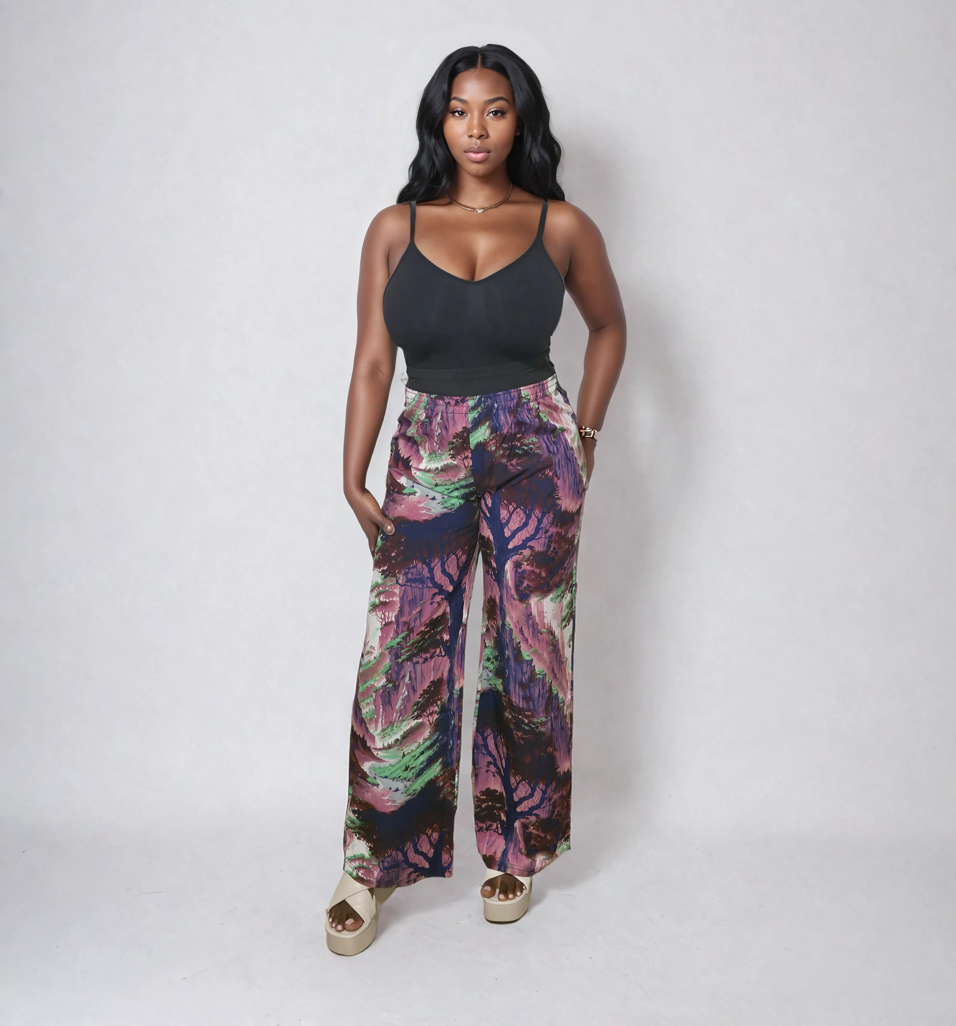 Abstract Nature Print Lounge Pants, Purple Navy Green Pattern, Elastic Waist