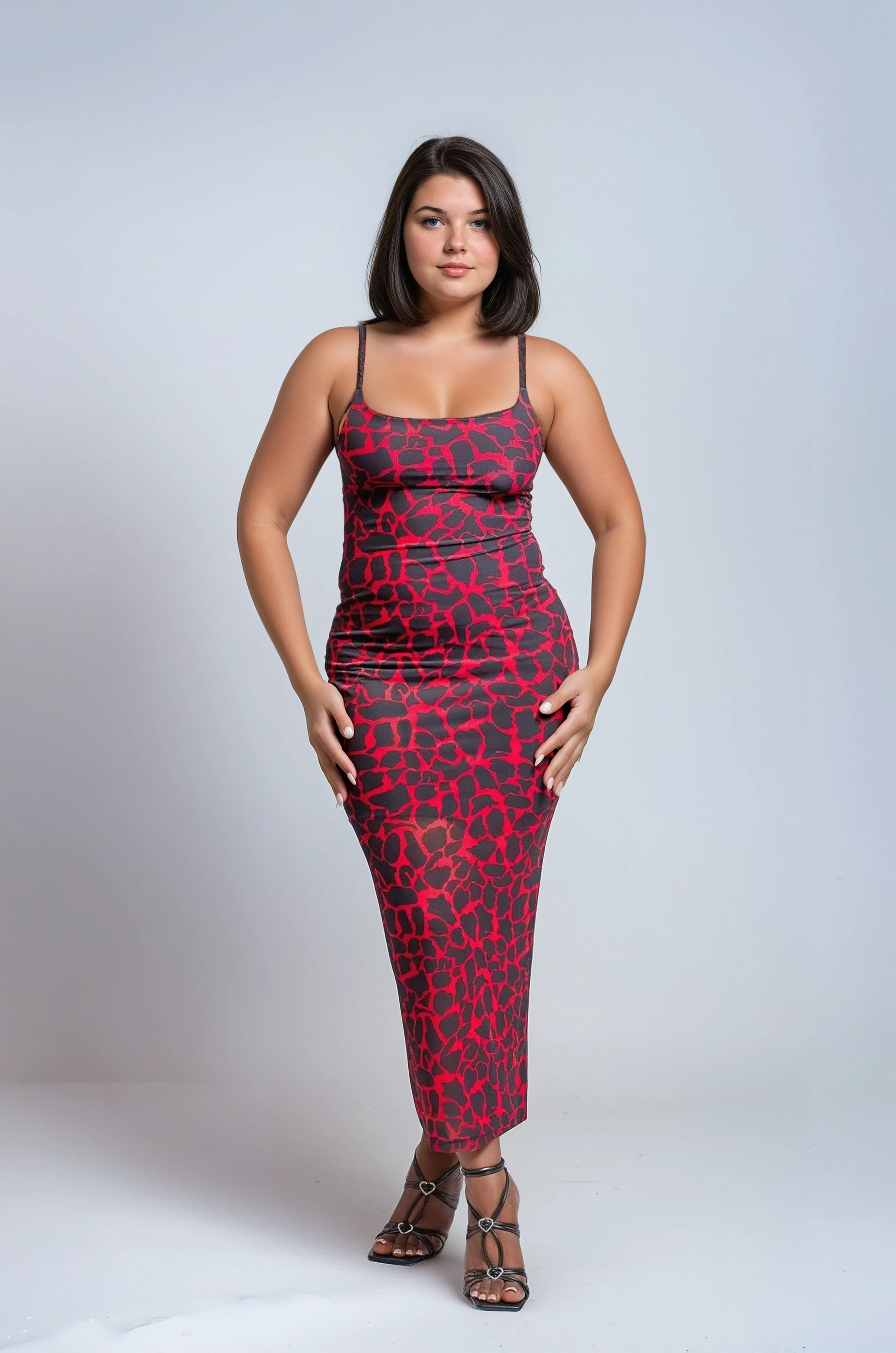 Women's Bodycon Maxi Dress, Red and Black Animal Print, Spaghetti Strap