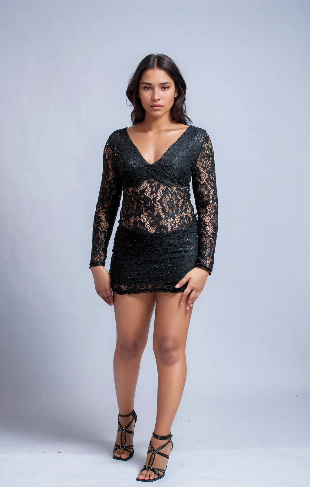 Women's Sequin Lace Mini Dress, V-Neck, Long Sleeve, Black, Party Cocktail Bodycon