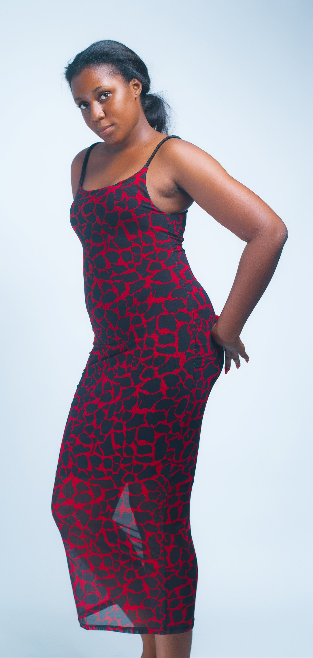 Women's Bodycon Maxi Dress, Red and Black Animal Print, Spaghetti Strap