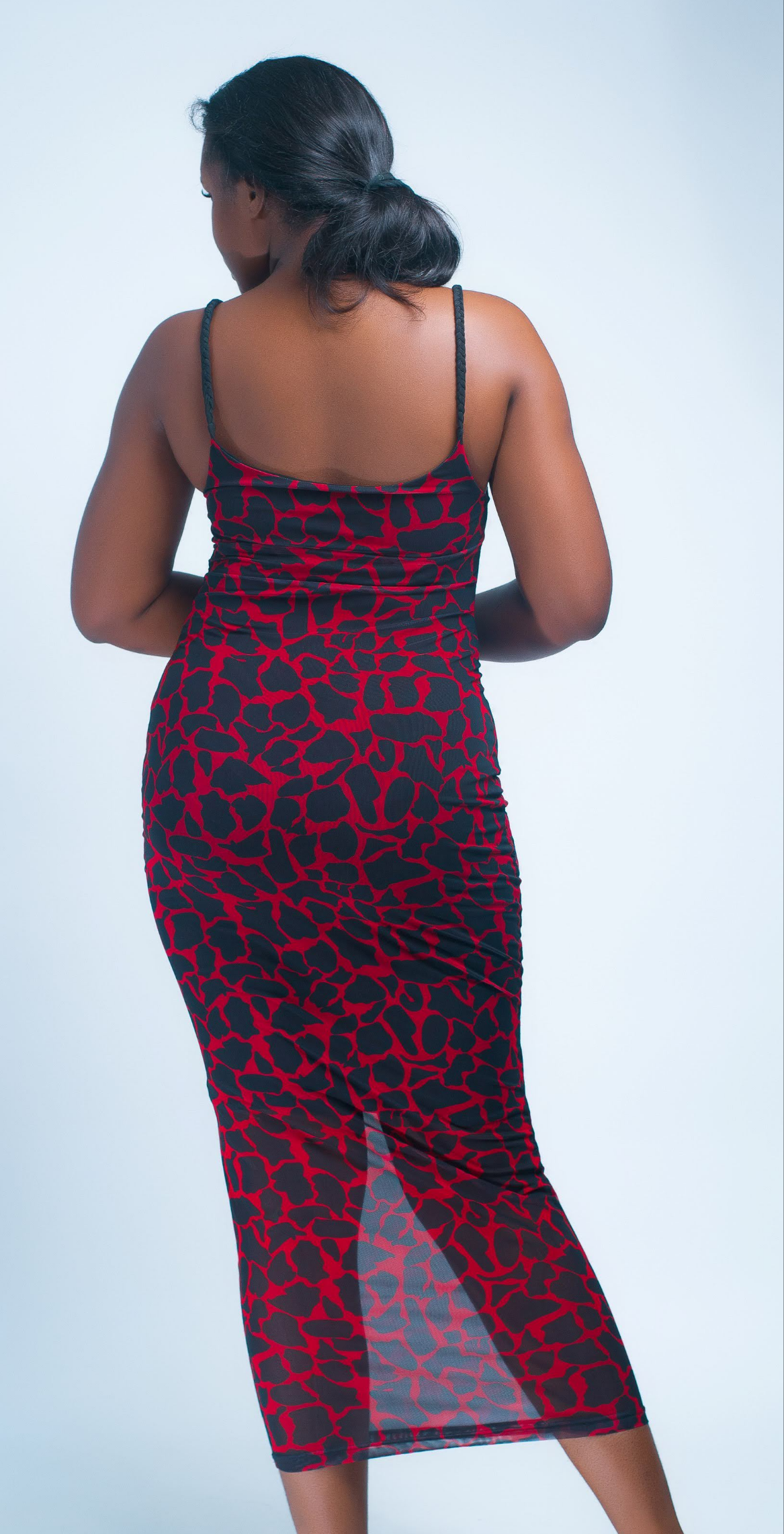 Women's Bodycon Maxi Dress, Red and Black Animal Print, Spaghetti Strap