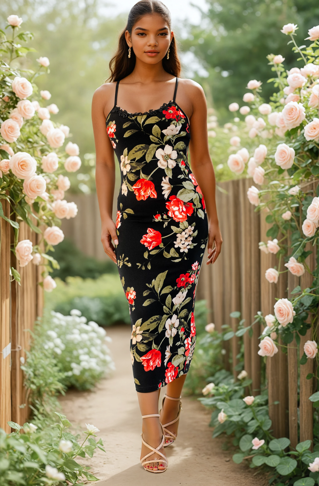Floral Print Bodycon Midi Dress, Spaghetti Strap, Black with Red Roses