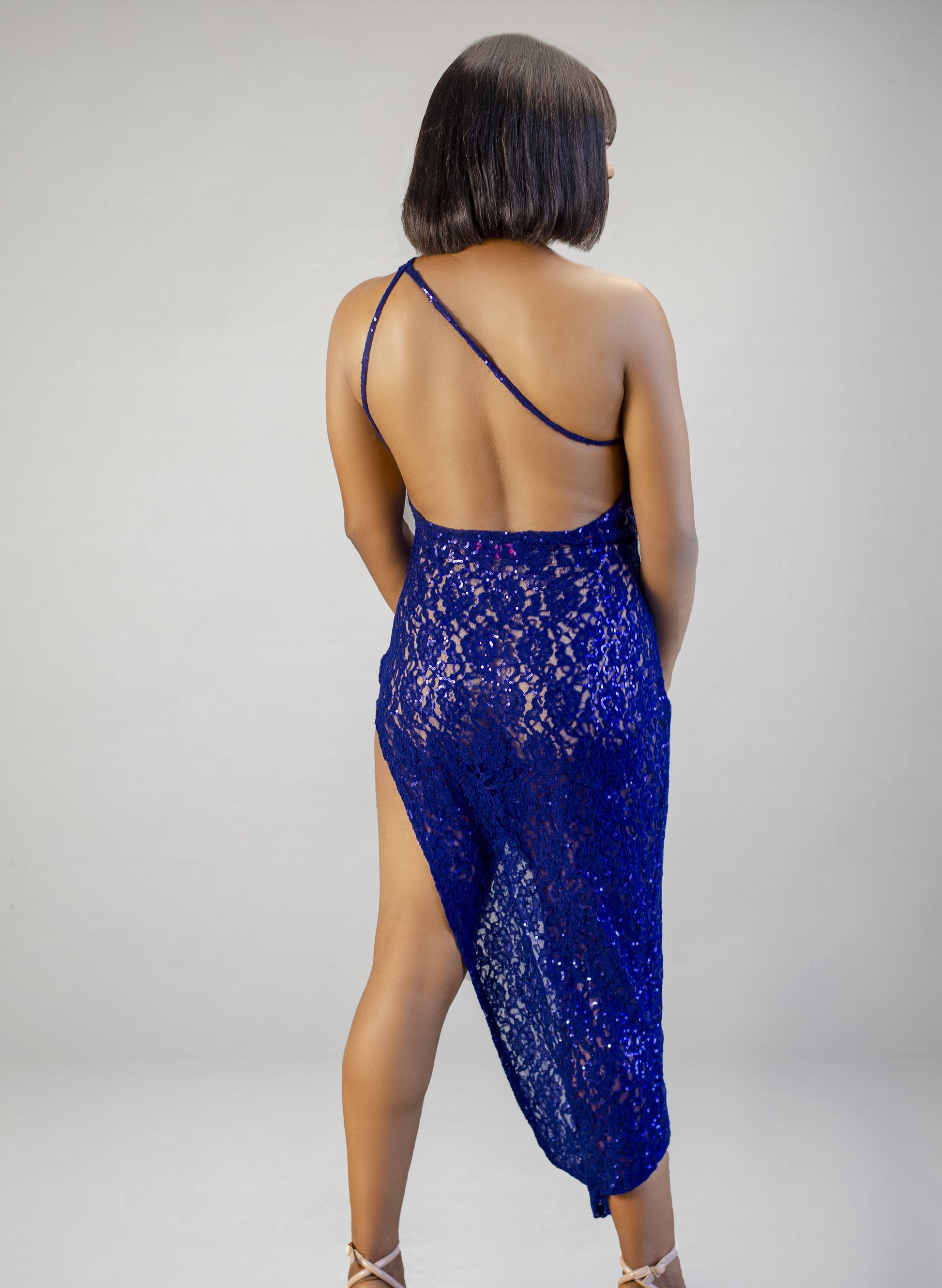 One Shoulder Sequin Evening Dress, Royal Blue Lace, Side Slit, Open Back