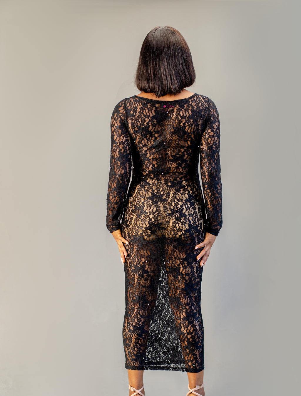 Women's Long Sleeve Sheer Lace Maxi Dress, Black Floral Pattern, Ankle Length