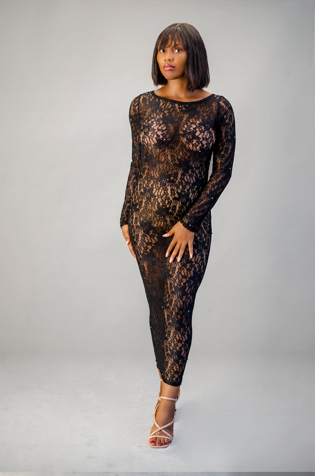 Women's Long Sleeve Sheer Lace Maxi Dress, Black Floral Pattern, Ankle Length