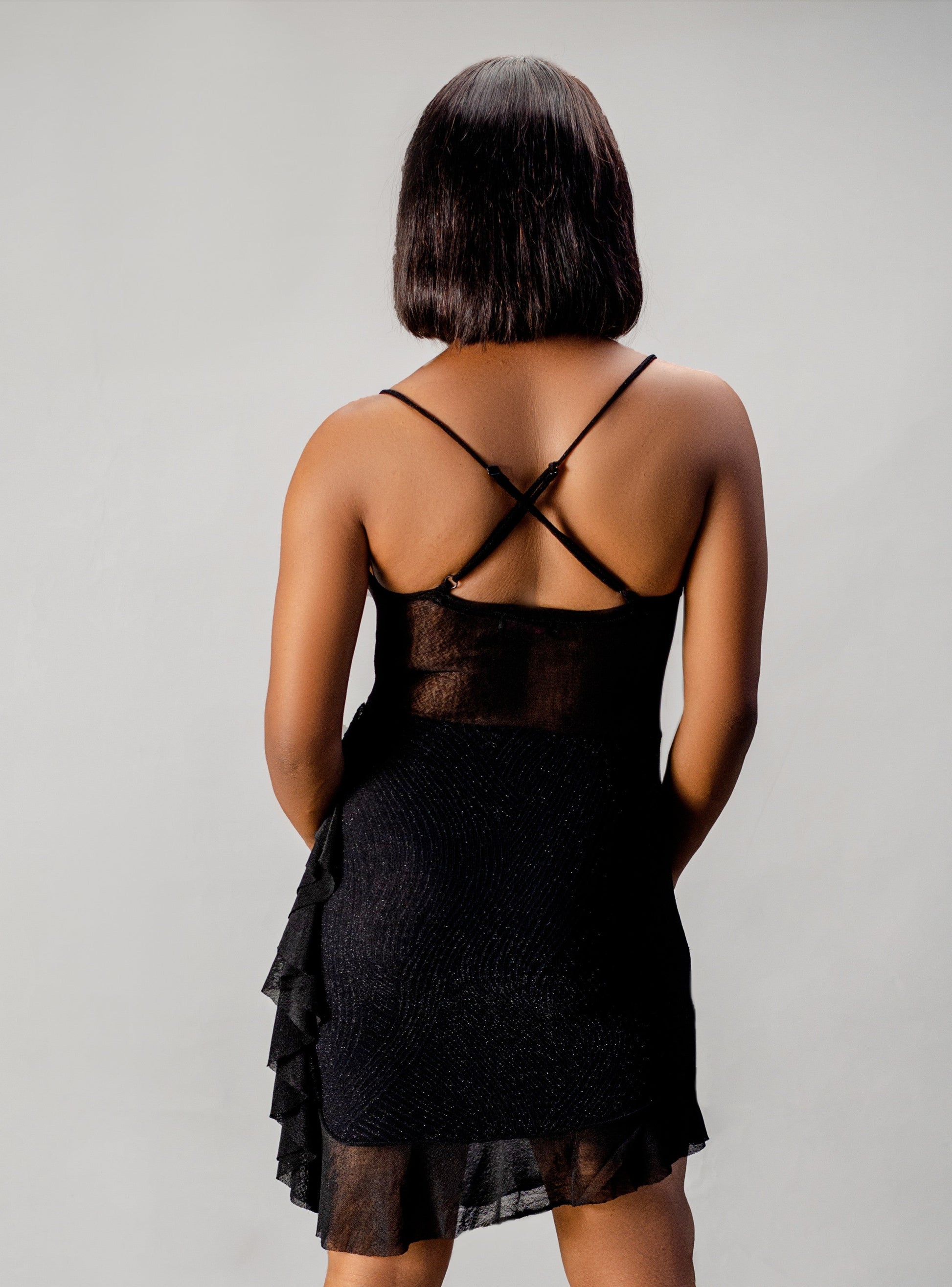 Women's Black Ruffle Mini Dress, Mesh Detail, Cross-Back Straps, Sleeveless Cocktail Party Dress