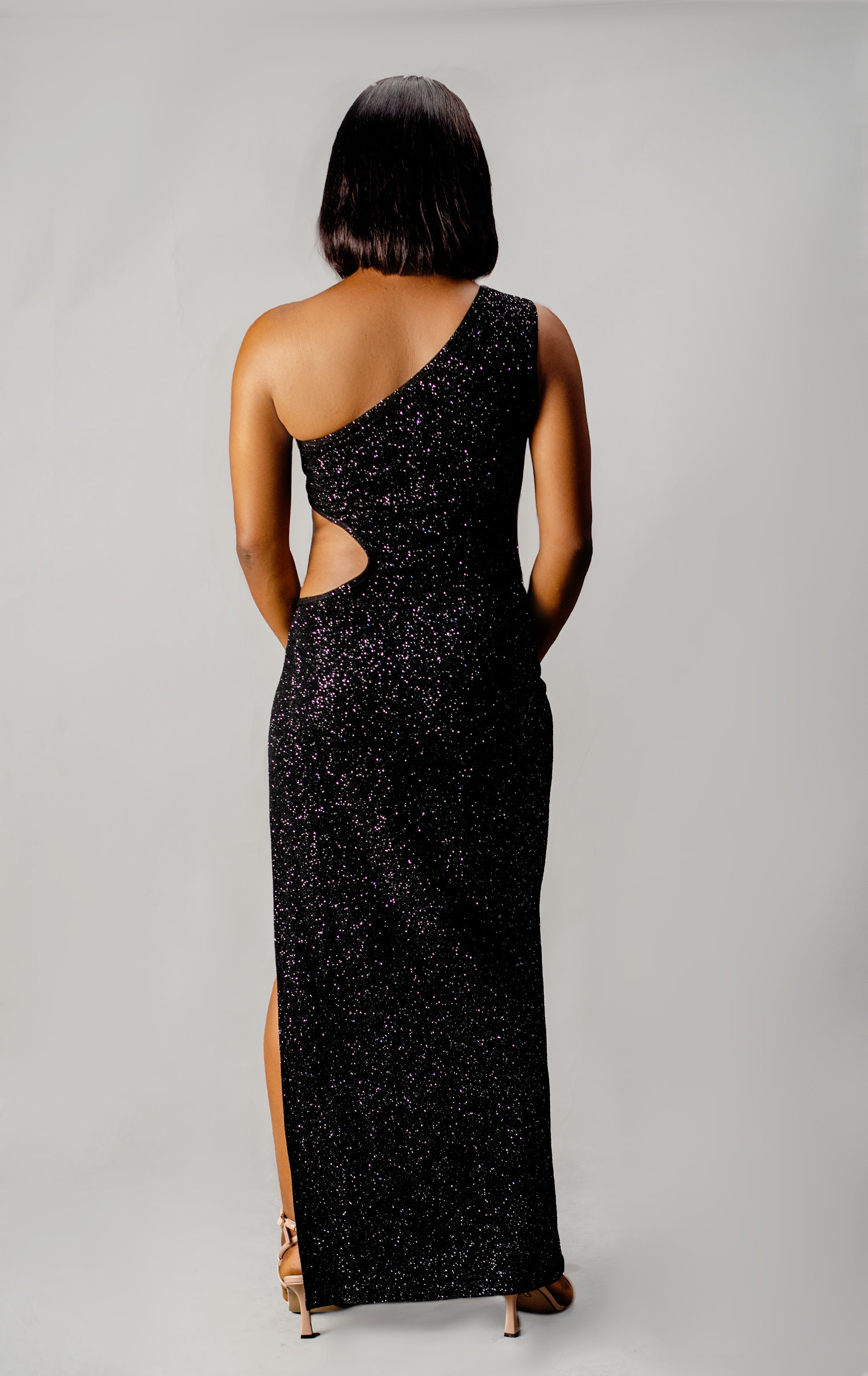 One Shoulder Glitter Evening Dress, High Slit Cutout Design, Floor Length Maxi Gown, Charcoal Gray