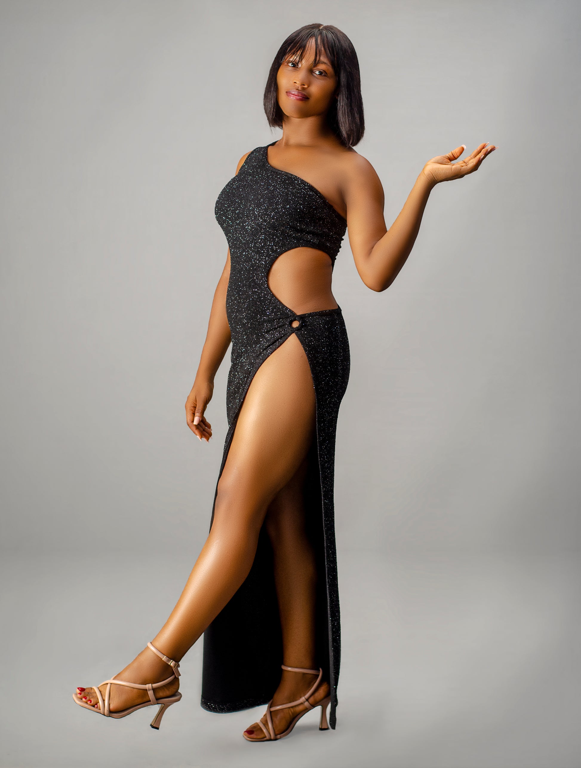 One Shoulder Glitter Evening Dress, High Slit Cutout Design, Floor Length Maxi Gown, Charcoal Gray