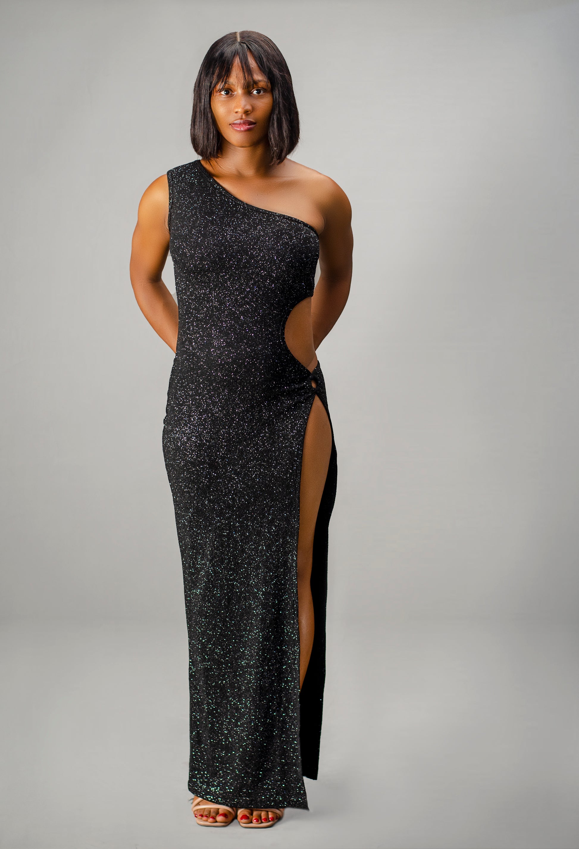 One Shoulder Glitter Evening Dress, High Slit Cutout Design, Floor Length Maxi Gown, Charcoal Gray