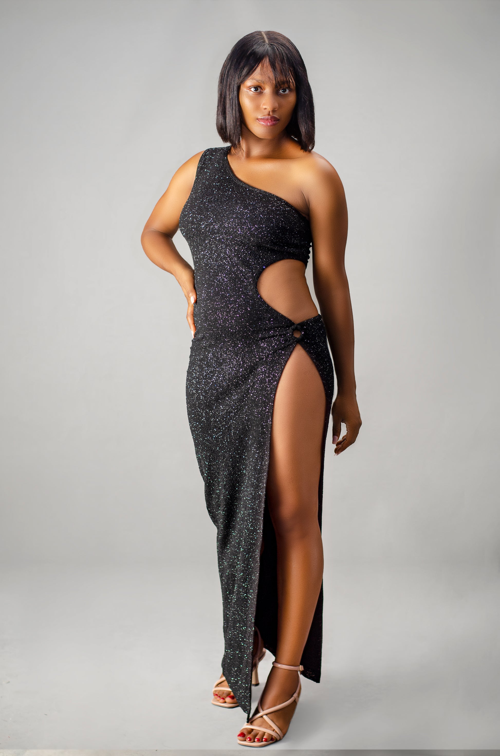 One Shoulder Glitter Evening Dress, High Slit Cutout Design, Floor Length Maxi Gown, Charcoal Gray
