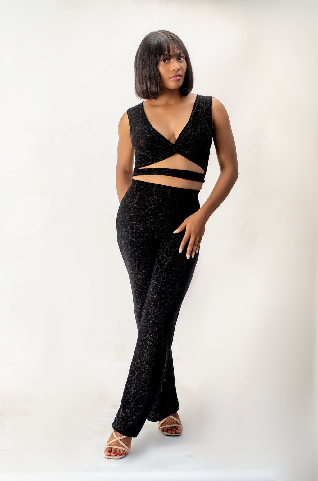Women's Two-Piece Set, Black Cutout Design, Sleeveless V-Neck Top with Wide-Leg Pants