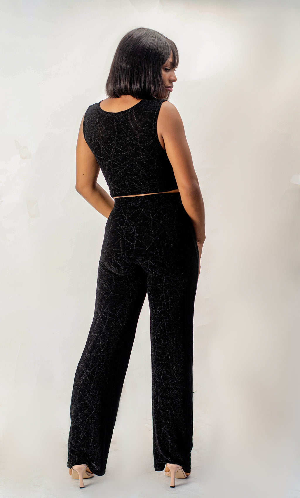 Women's Two-Piece Set, Black Cutout Design, Sleeveless V-Neck Top with Wide-Leg Pants