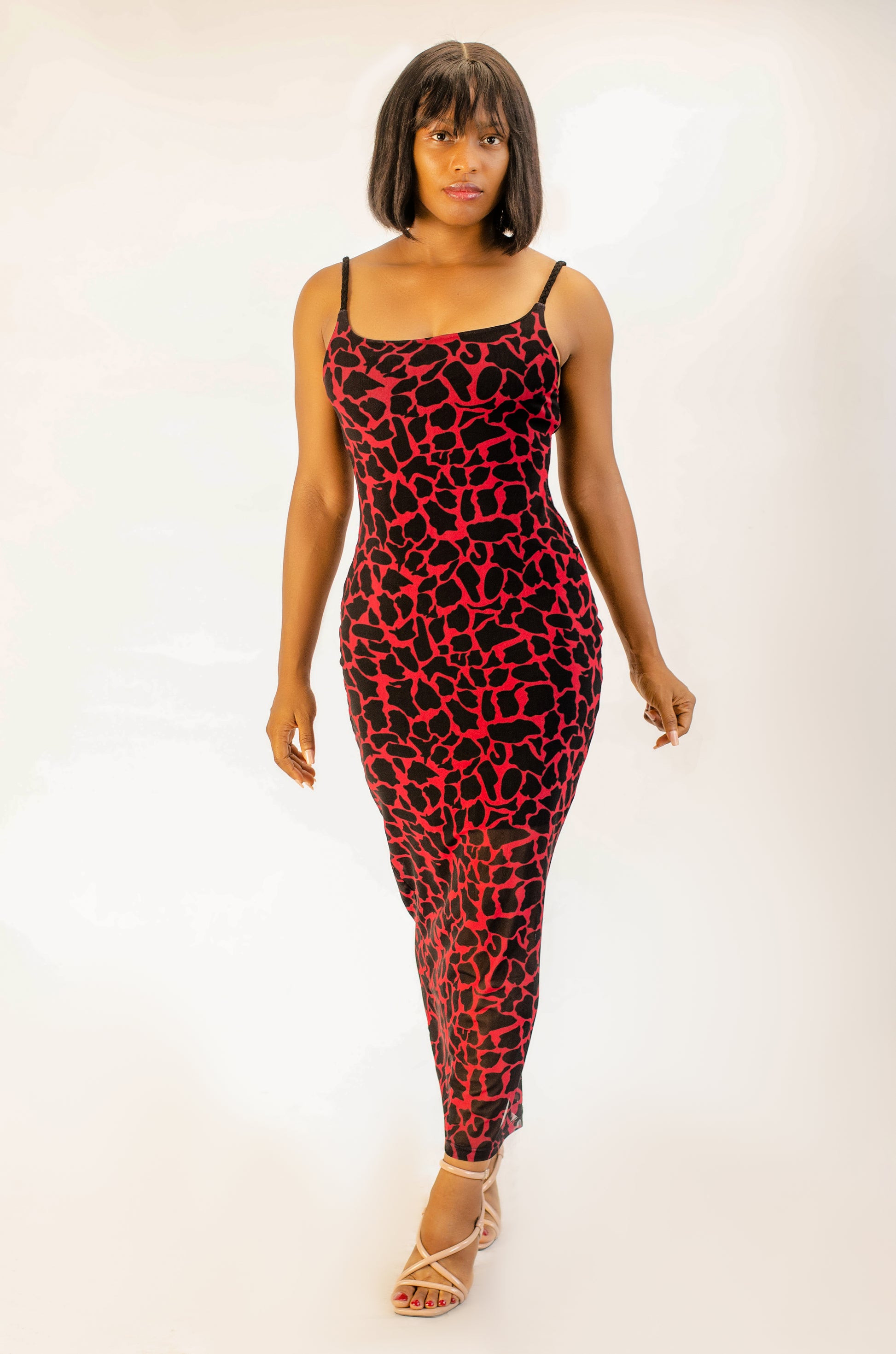 Women's Bodycon Maxi Dress, Red and Black Animal Print, Spaghetti Strap