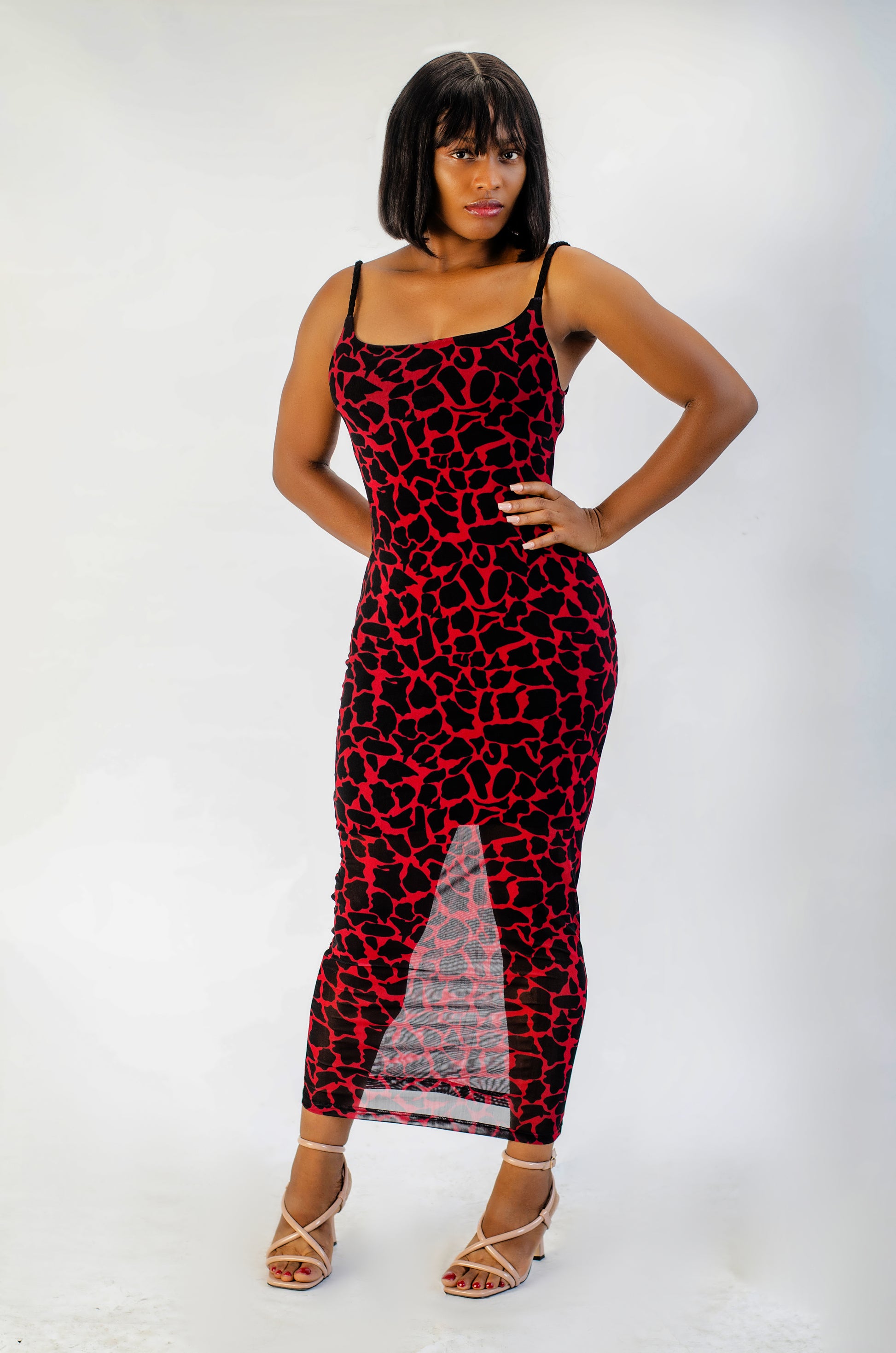 Women's Bodycon Maxi Dress, Red and Black Animal Print, Spaghetti Strap