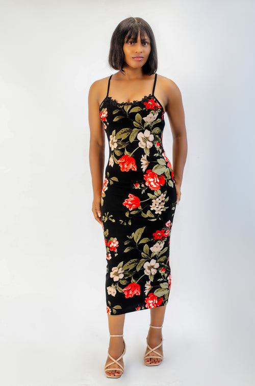 Floral Print Bodycon Midi Dress, Spaghetti Strap, Black with Red Roses Liochic Floral Print Bodycon Midi Dress, Spaghetti Strap, Black with Red Roses Liochic