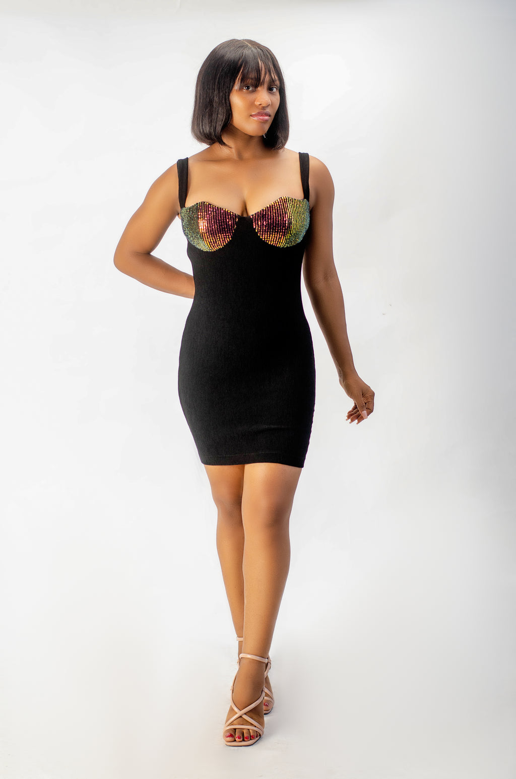 Bodycon Mini Dress with Sequin Bustier, Black, Sleeveless