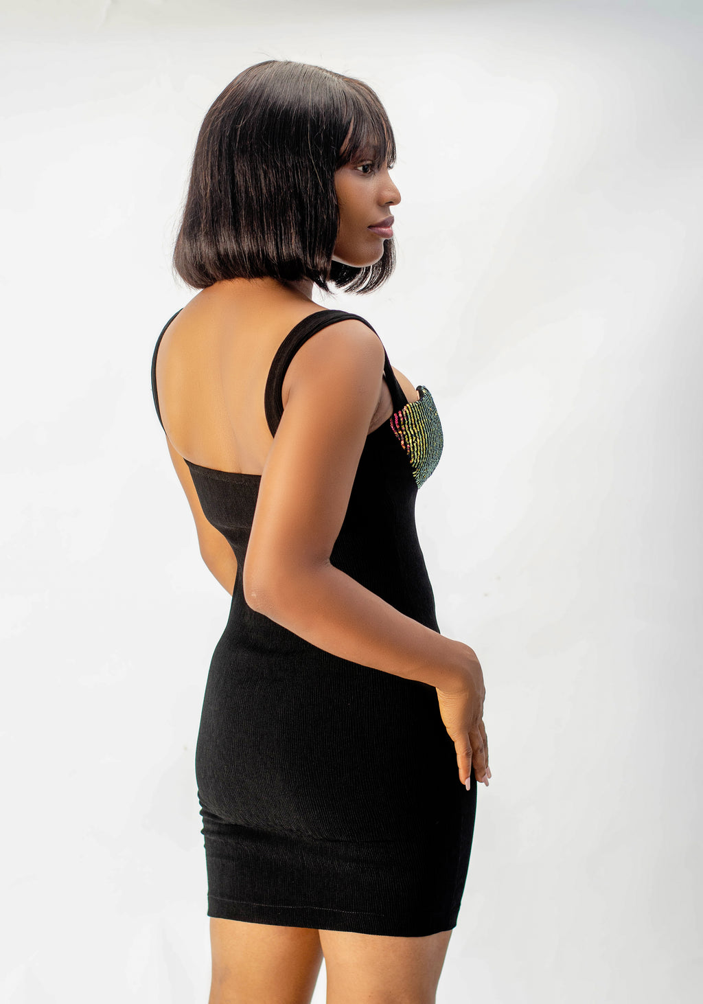 Bodycon Mini Dress with Sequin Bustier, Black, Sleeveless