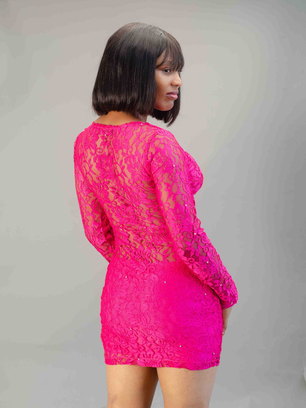 Hot Pink Lace Bodycon Mini Dress, Long Sleeve, V-Neck, Sequin Detail