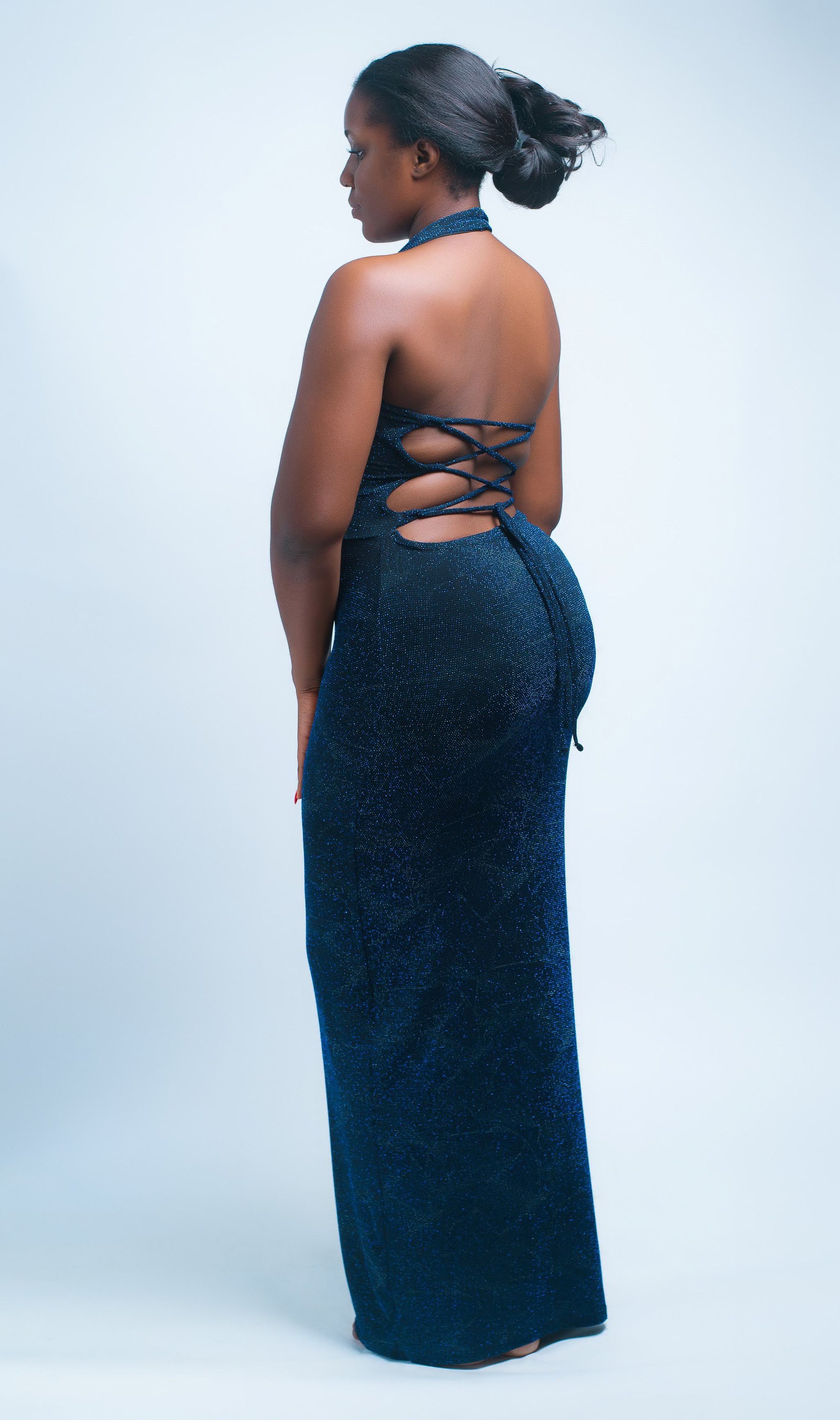 Sparkly Navy Blue Evening Gown, Halter Neck, Lace-Up Back, Full Length Formal Dress