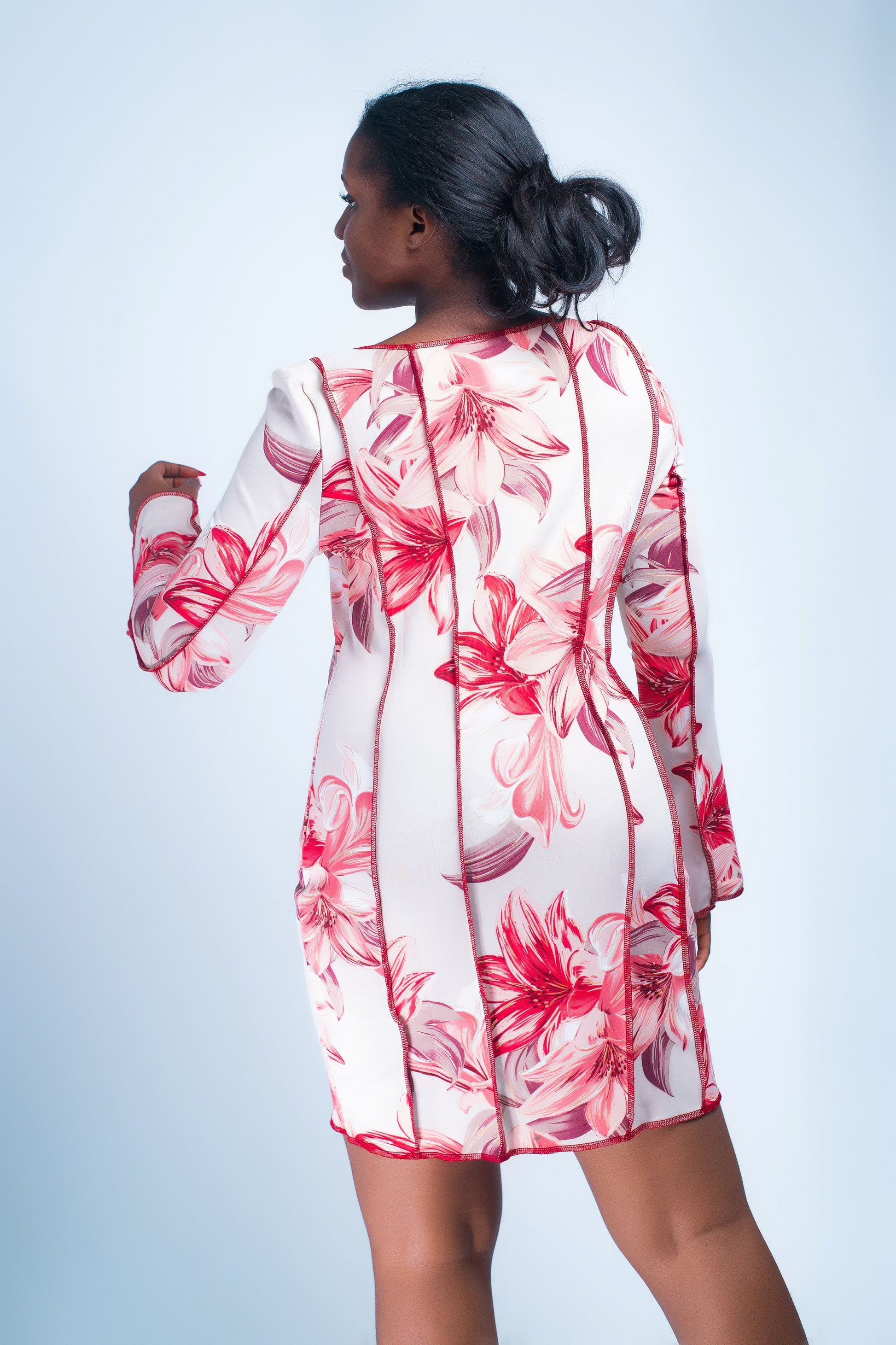 Women's Floral Print Dress, Long Sleeve, White and Red, Form-Fitting Design