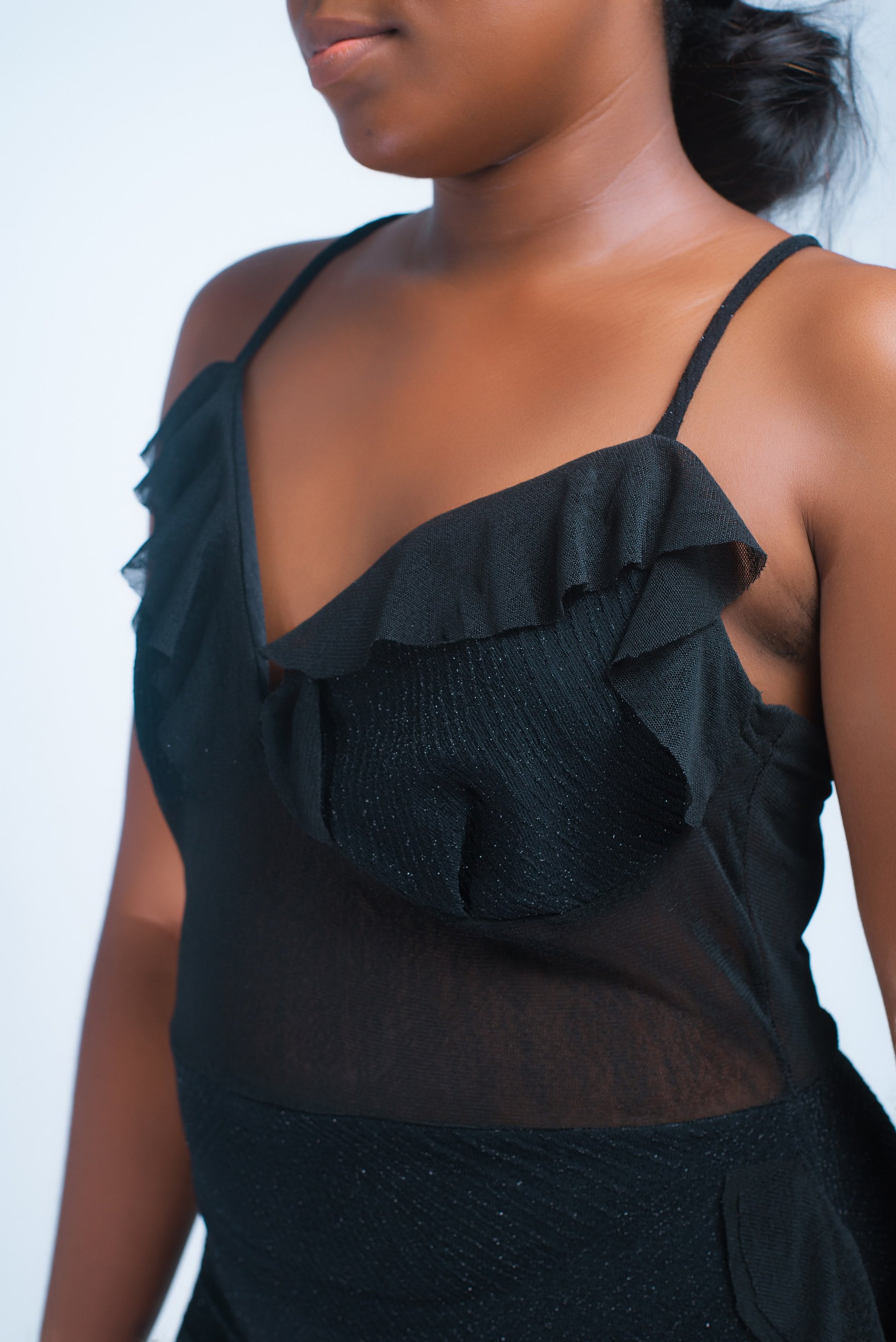 Women's Black Ruffle Mini Dress, Mesh Detail, Cross-Back Straps, Sleeveless Cocktail Party Dress