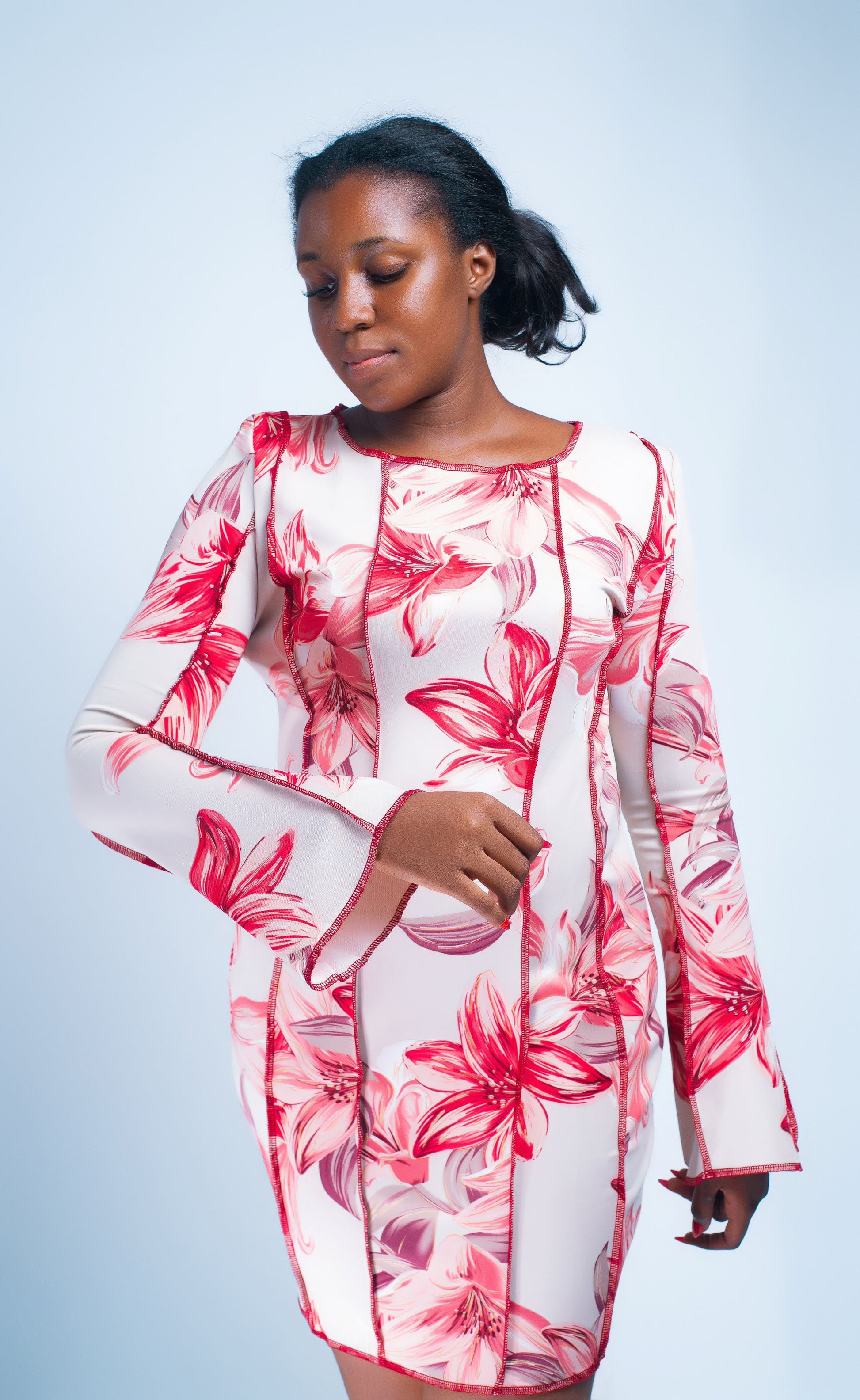 Women's Floral Print Dress, Long Sleeve, White and Red, Form-Fitting Design