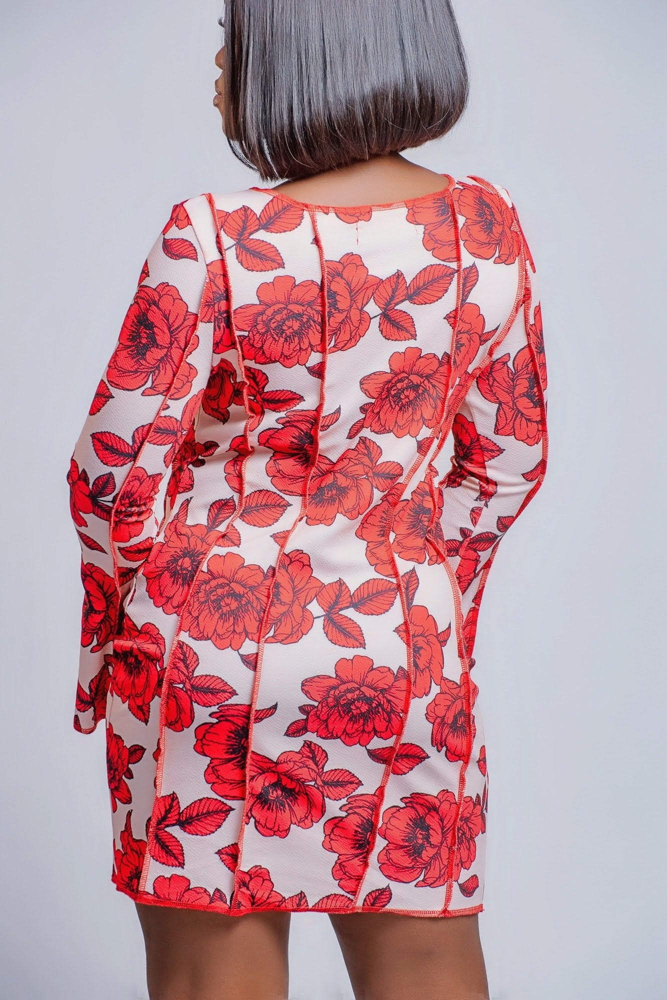 Women's Floral Mini Dress, Long Bell Sleeves, Red and White Rose Print.