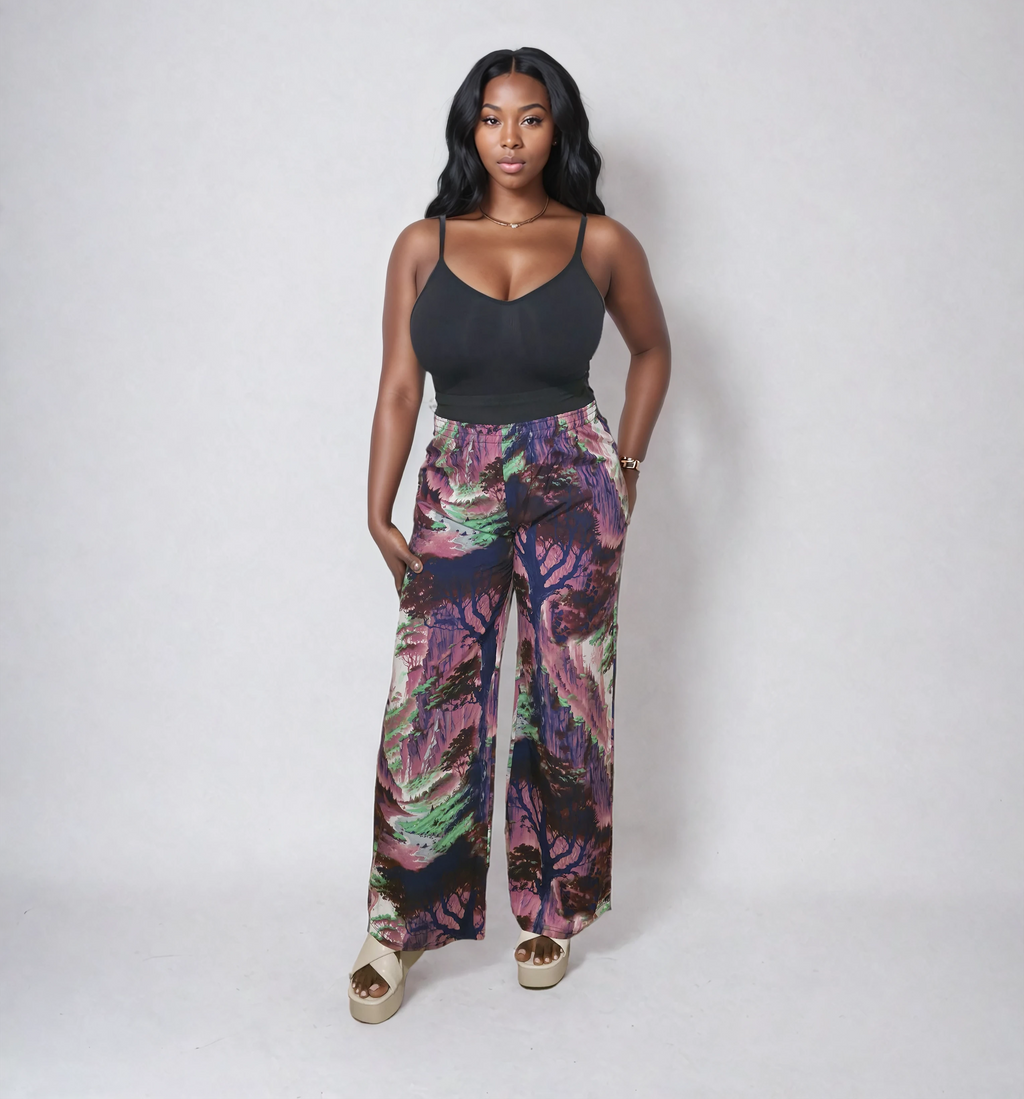 Abstract Nature Print Lounge Pants, Purple Navy Green Pattern, Elastic Waist
