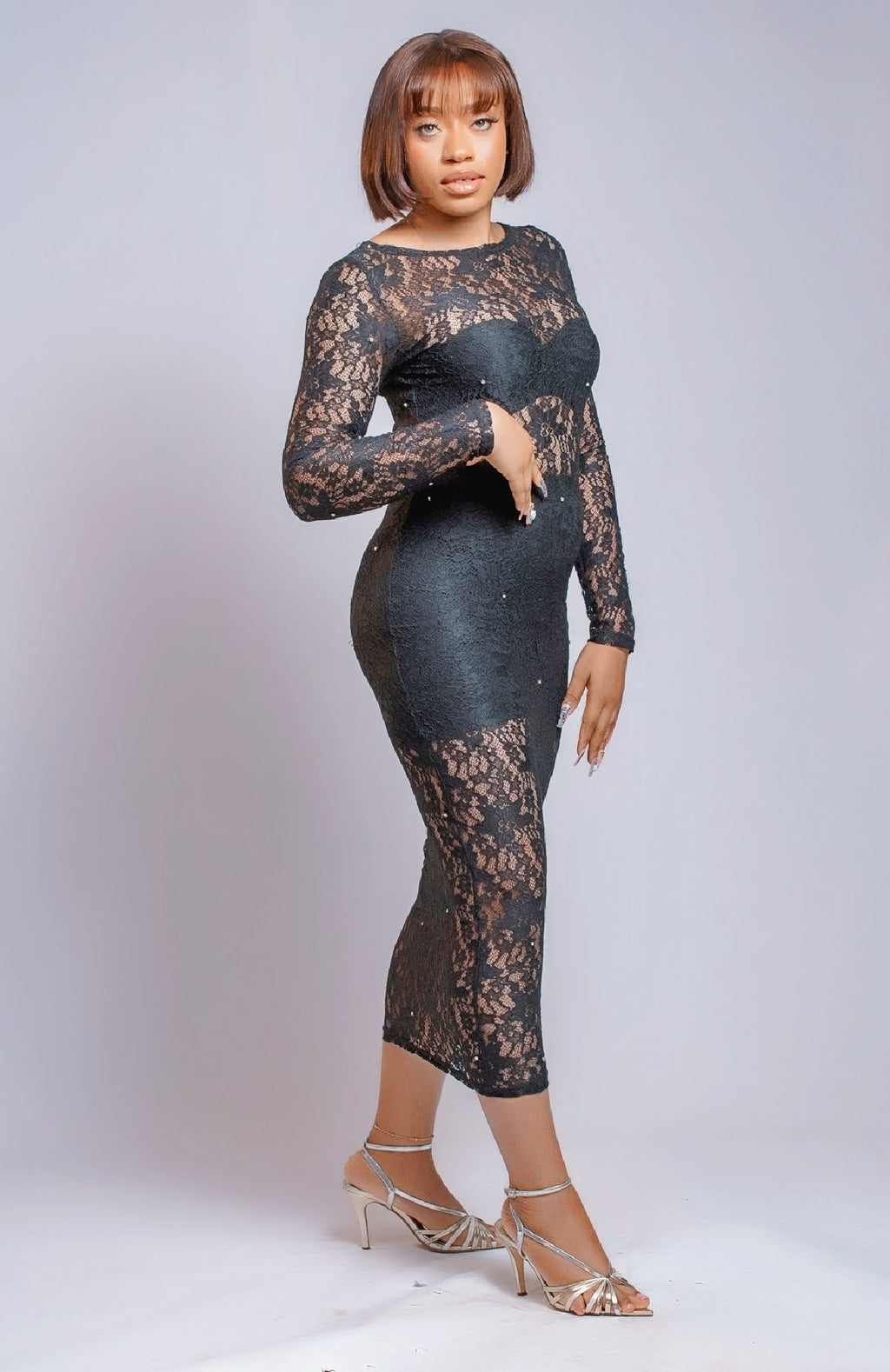 Women's Long Sleeve Sheer Lace Maxi Dress, Black Floral Pattern, Ankle Length