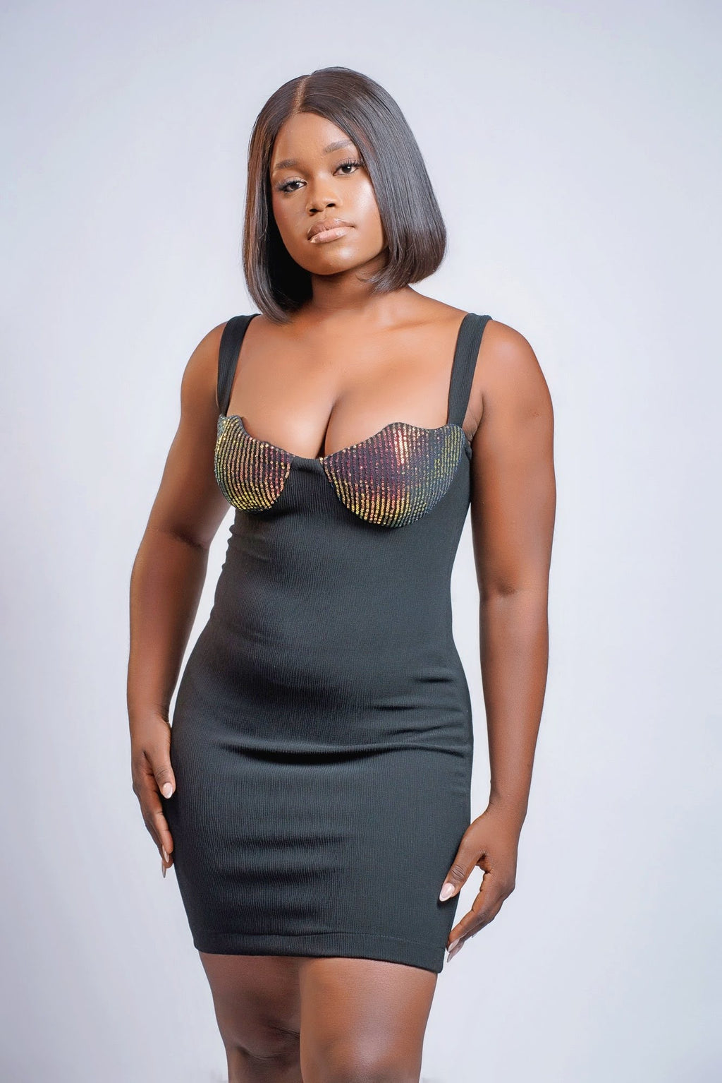 Bodycon Mini Dress with Sequin Bustier, Black, Sleeveless
