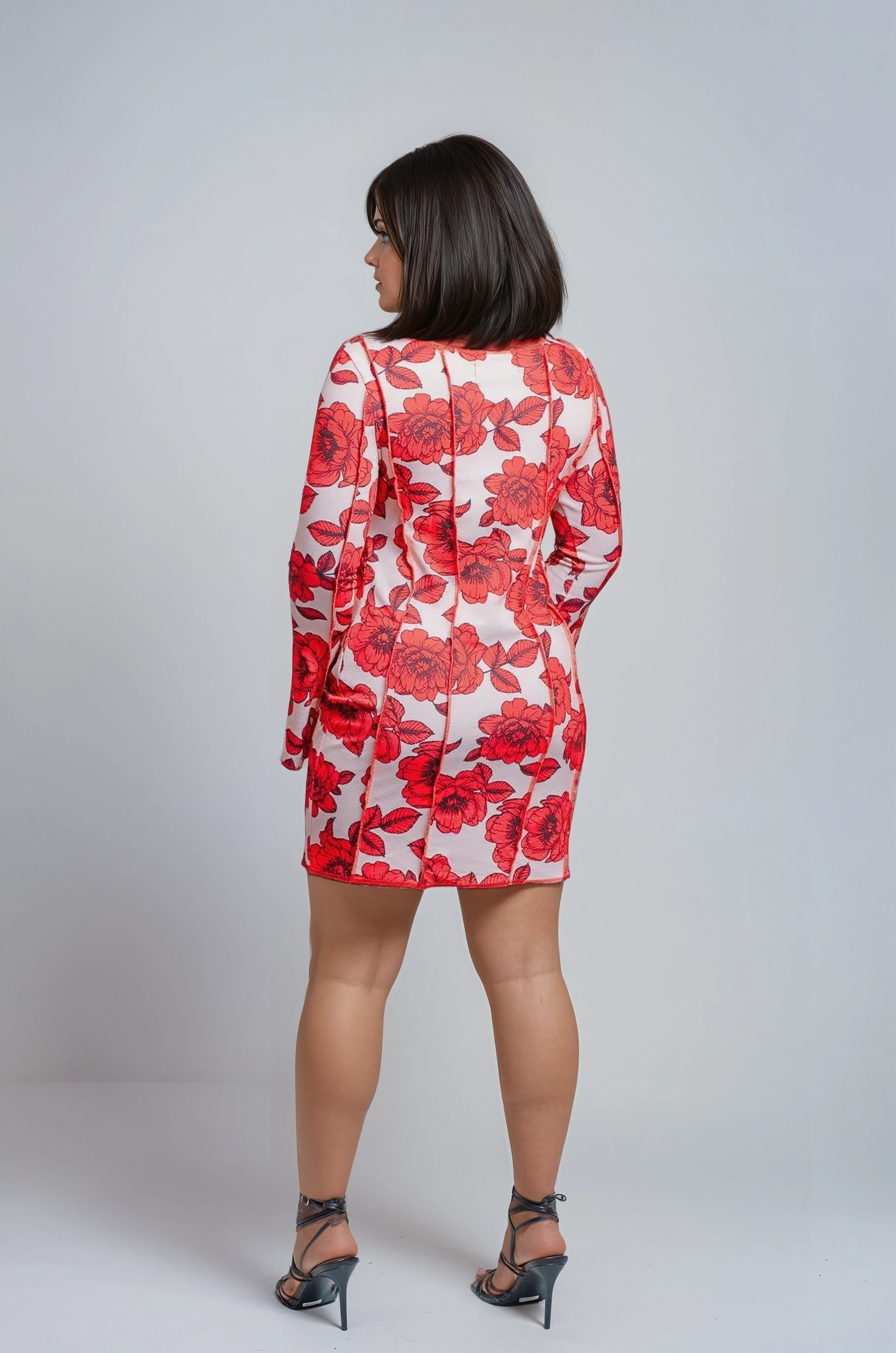 Women's Floral Mini Dress, Long Bell Sleeves, Red and White Rose Print.