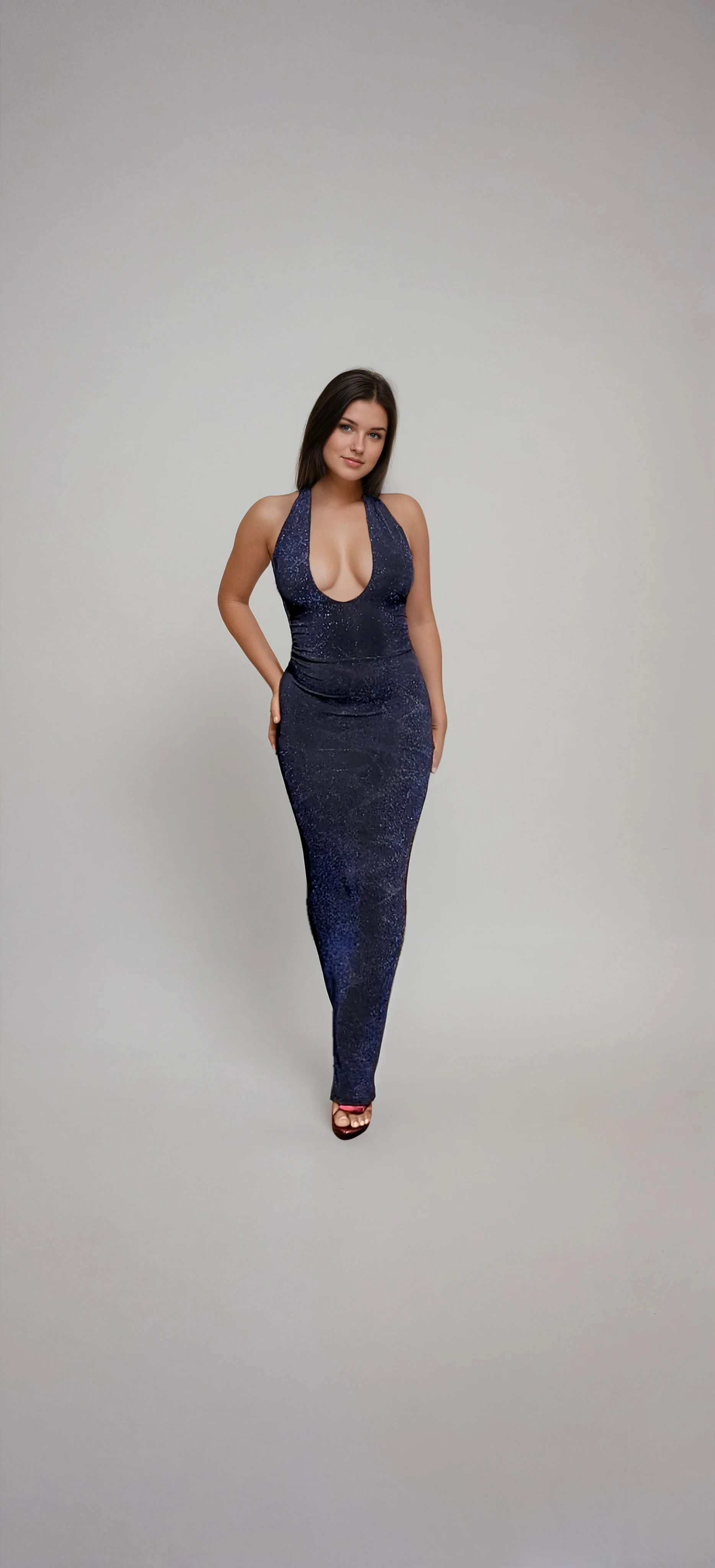 Sparkly Navy Blue Evening Gown, Halter Neck, Lace-Up Back, Full Length Formal Dress